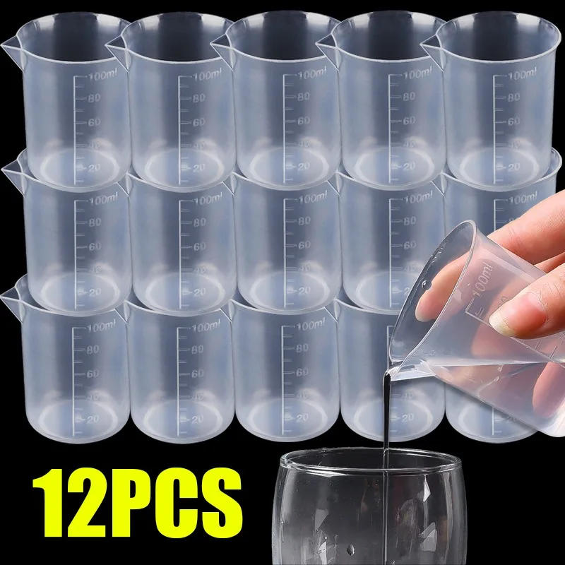 Description Picture 2 of item1/12PCS 100 ML Graduated Measuring Cup Transparent Plastic Pour Laboratory Container Spout Without Handle Kitchen Bar Supplies