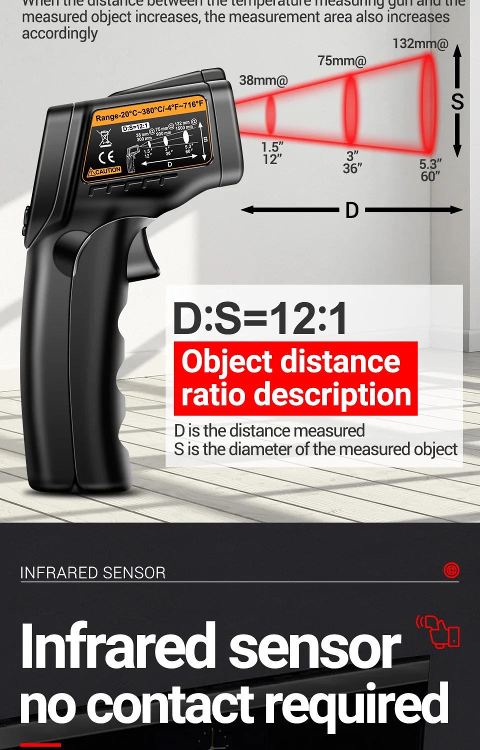 Description Picture 4 of itemANENG TH103 infrared thermometer laser Class II Laser  Temperature Sensor Testers Gun -20°C~380℃ Industrial Thermal Tube Testing