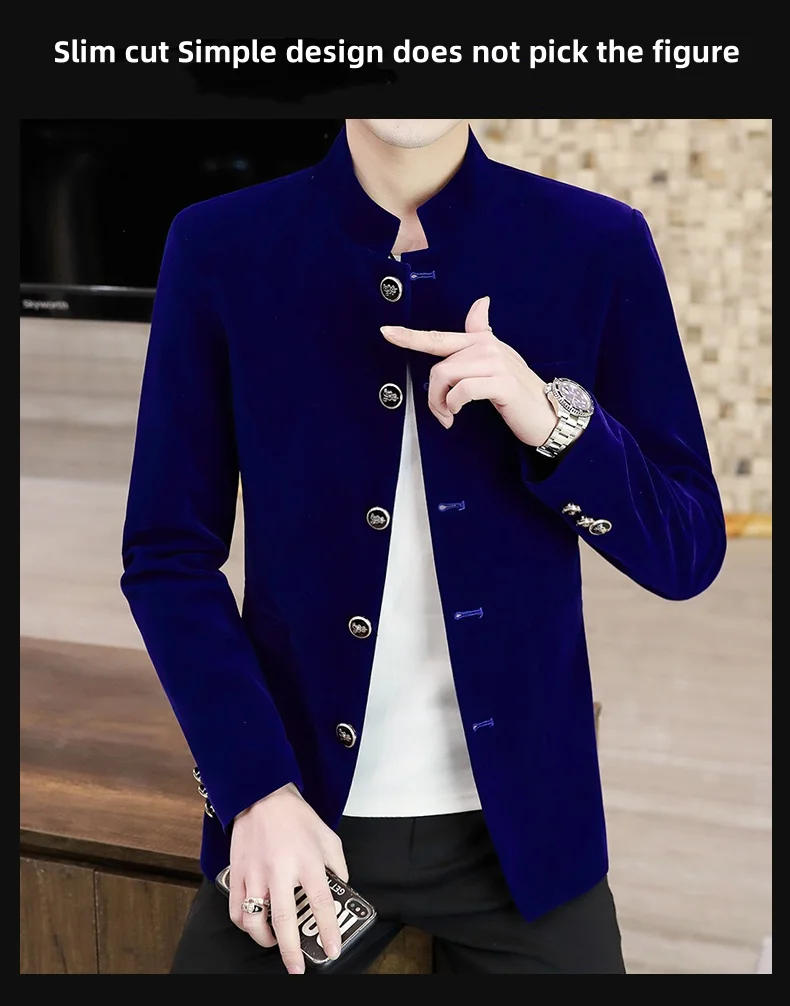 Description Picture 3 of itemCoat men's light luxury new boutique golden velvet MAO suit youth fashion trend handsome solid color stand collar coat