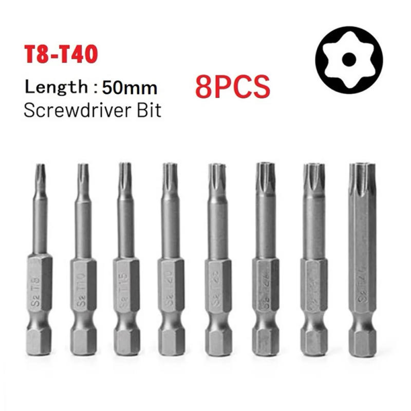 Description Picture 2 of item8Pcs Torx Screwdriver Bit Set 50mm Magnetic Tamper Resistant Star Bits 1/4" Hex T8-T40 Screwdriver Wrench Drill Bit Set