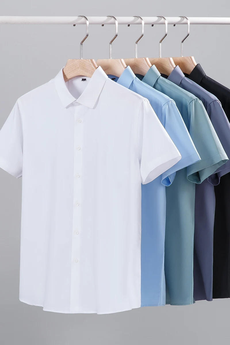 Description Picture 6 of itemfashion korean popular clothes elastic short sleeve shirts for men slim fit formal plian shirt office business white black shirt