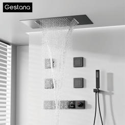 Brass Gun Grey Wall-Mounted Ceiling Shower System,LED Digital Display Anti-Scald Thermostatic Shower Mixer With Back Spray
