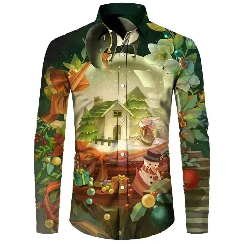 Description Picture 4 of itemChristmas shirt fashion new style red stitching HD pattern 2024 Christmas snowman party party top shirt lapel Christmas top