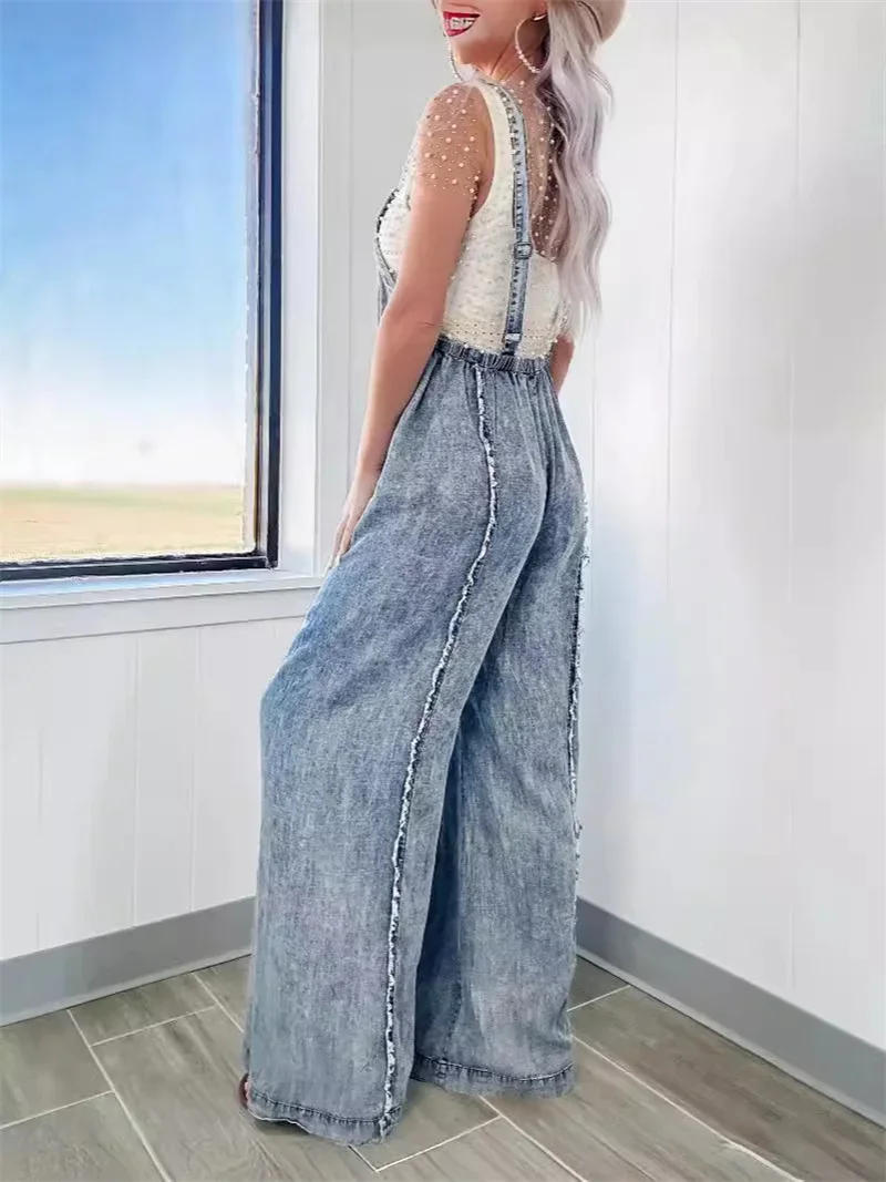 Description Picture 4 of itemVintage Washed Raw Edge Denim Jumpsuit Women Backless Adjustable Strap Pants Female Wide Leg One-piece Jeans Rompers Streetwear