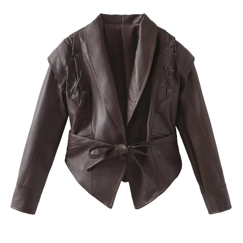 Description Picture 3 of itemCool and elegant style American high-end design retro irregular temperament with belt waist leather jacket PU jacket top