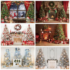 Christmas Tree Party Backdrop Fireplace Window Winter Sock Gifts Family Portrait Photography Background Decor For Photo Studio