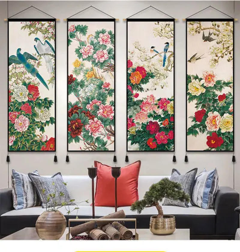 Description Picture 3 of itemChinese Peony Flower Bird Hanging Paintings with Wealth Wealth Implications Tapestry Living Tea Room Study Decoration Painting
