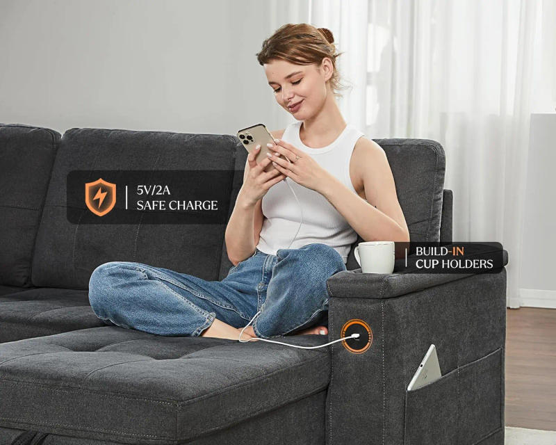 Description Picture 5 of itemU-Shaped 109 inch Sofa Bed Multi-Functional Sleeper Sofa with USB Charging Ports & Cup Holders Pull Out Couch Bed Dark Grey