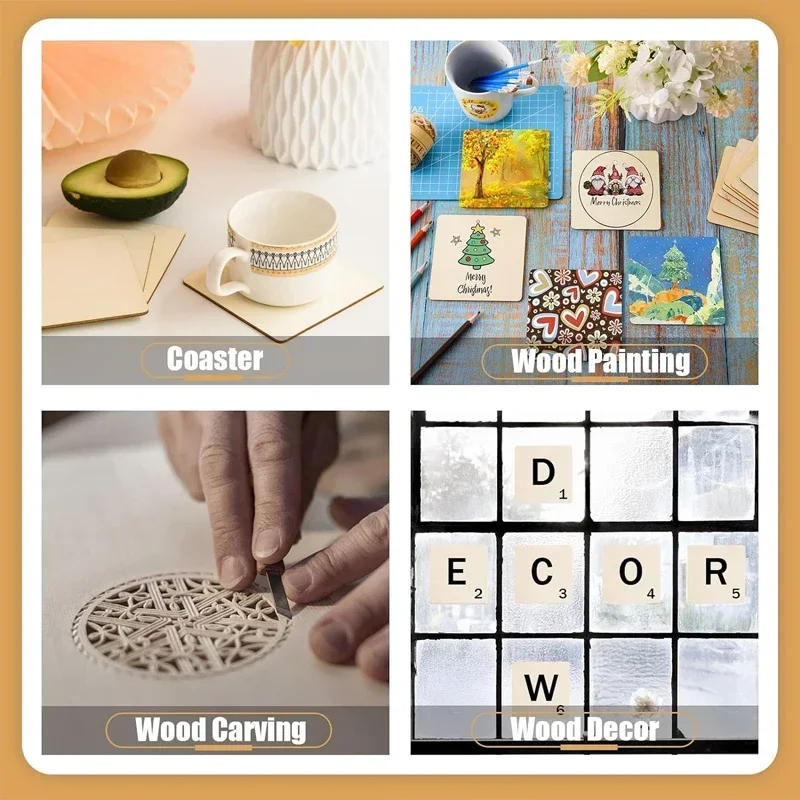 Description Picture 5 of item50pcs 10cm Unfinished Wooden Squares for Crafts, Blank Square Wood Pieces Boards Slices for DIY Projects Coasters Scrabble Tiles