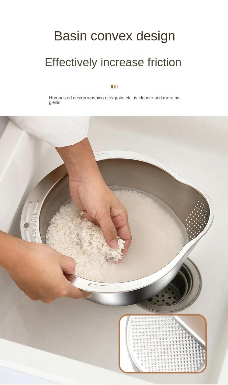 Description Picture 6 of itemRice Washer Strainer Bowl Stainless Steel 304 Rice Washing Bowl Rice Sieve Colander Fruit And Vegetable Strainer Kitchen Tools