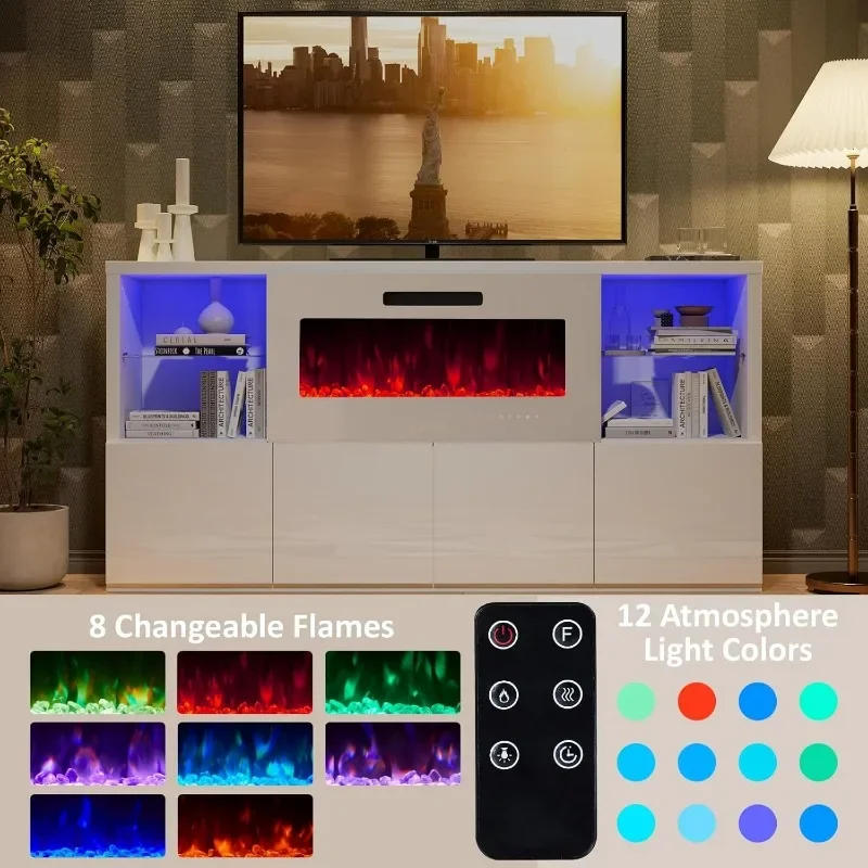 Description Picture 4 of item3 Piece Modern High Gloss Fireplace TV Stand + Bookcase Set Includes 68" TV Stand with 40" Fireplace, 2 X Bookcase w/ Doors