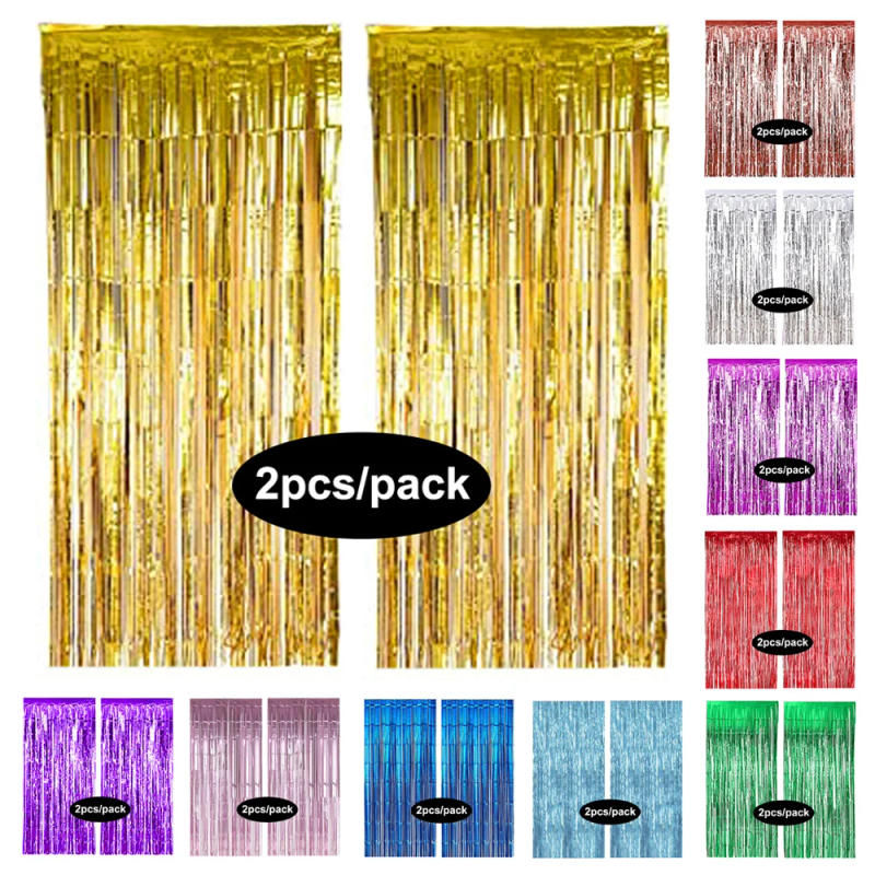 Description Picture 2 of item2 Pack Foil Curtain Silver Black Gold Rose Gold Glitter Shimmer Fringer Curtains for Birthday Wedding Party Backdrop Decorations