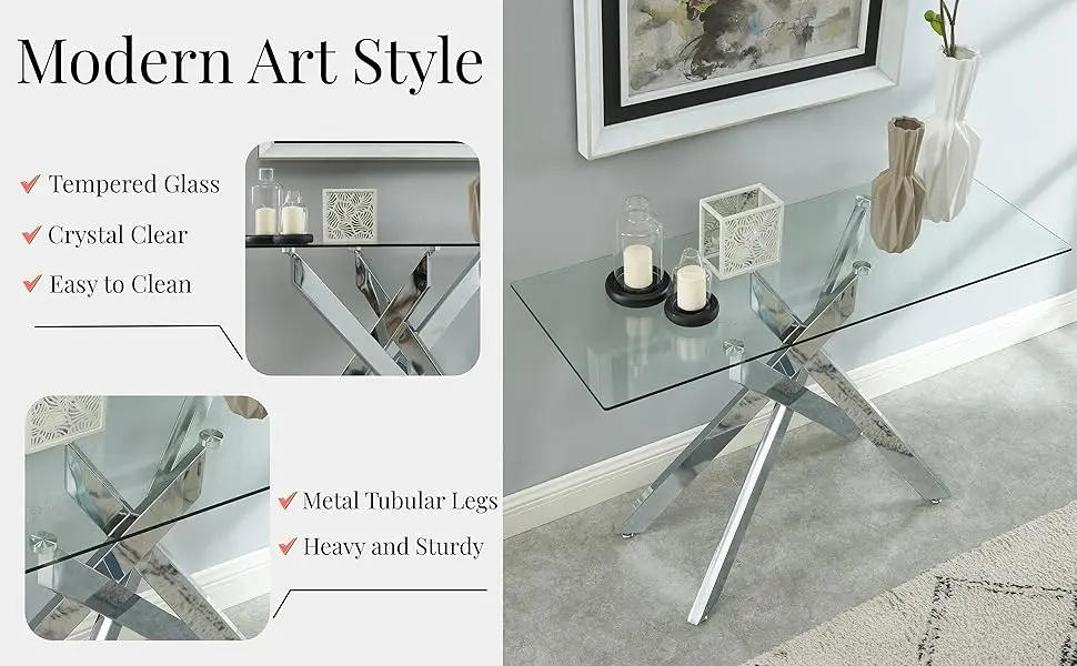 Description Picture 6 of itemStyle Console Table Narrow Sofa Table with Tempered Glass Top and Metal Tubular Legs, 45" Lx18 Wx30 H, Silver