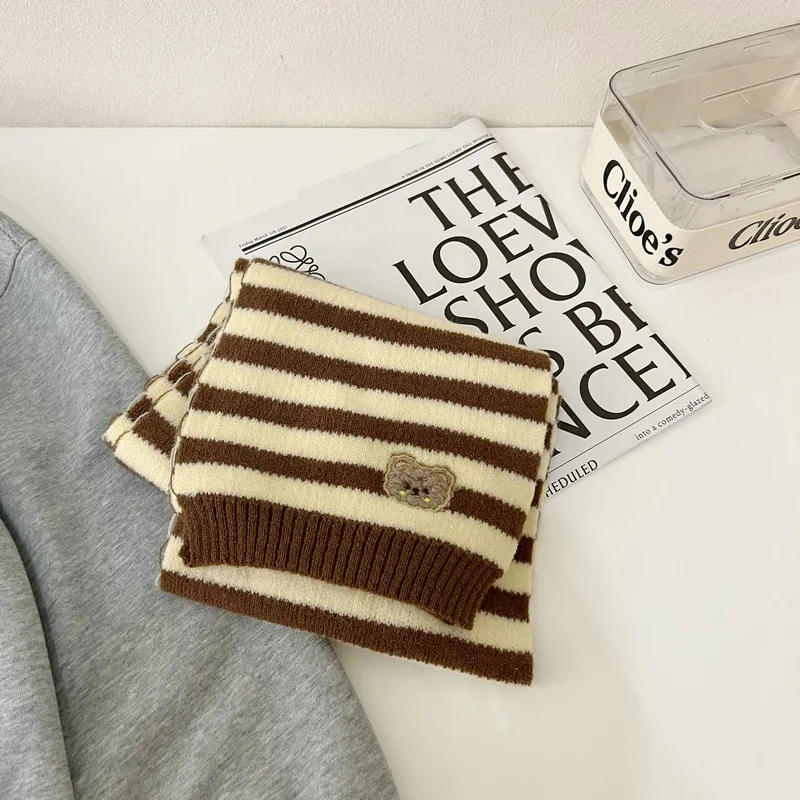 Description Picture 3 of itemCute Plaid Striped Bear Kids Scarf Korean Knitted Winter Warm Scarves Children Girl Boys Outdoor Cold-proof Neckcheif Shawl