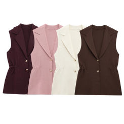 European And American Style 2025 Spring New Women's Volleyball Buckle Decoration Pleated Lapel Sleeveless Knitted Vest