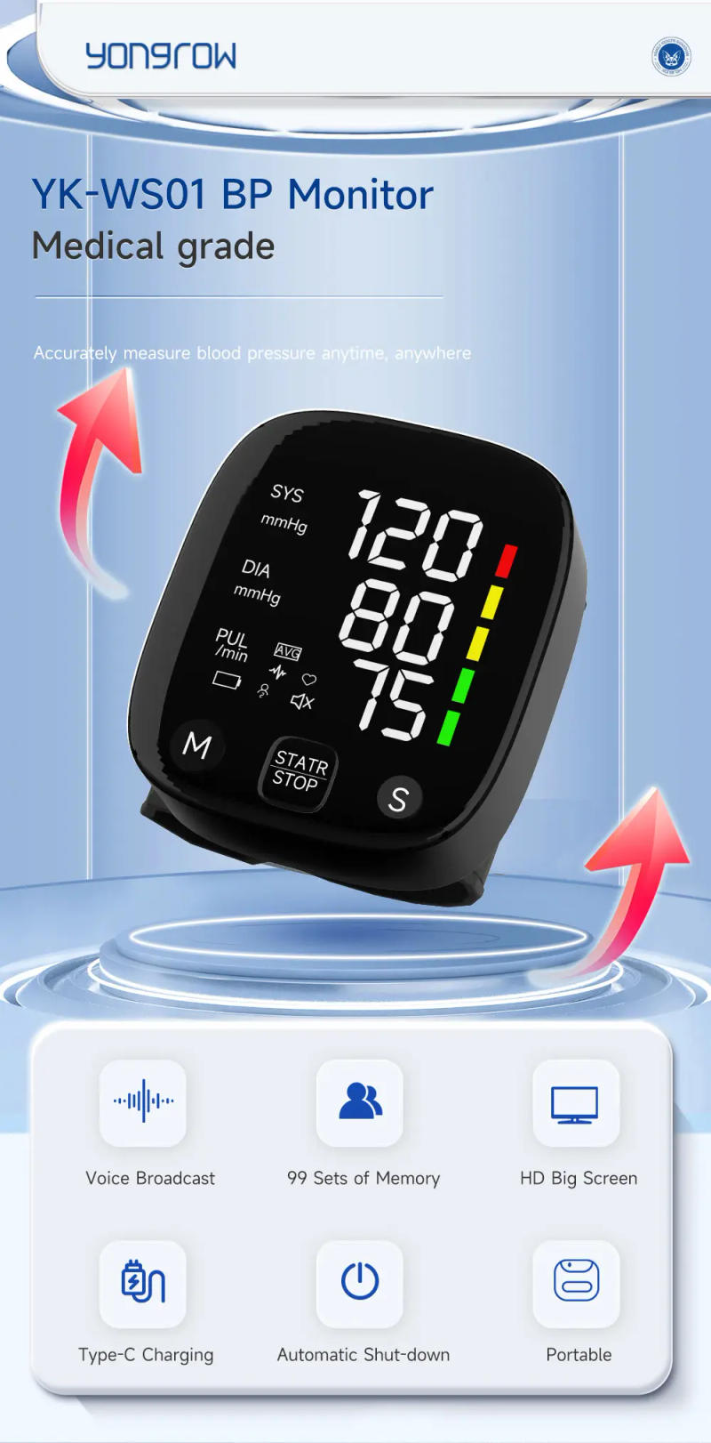 Description Picture 6 of itemYongrow Rechargeable Digital Wrist Blood Pressure Monitor Sphygmomanometer Tonometer Tensiometer Heart Rate Meter BP Monitor