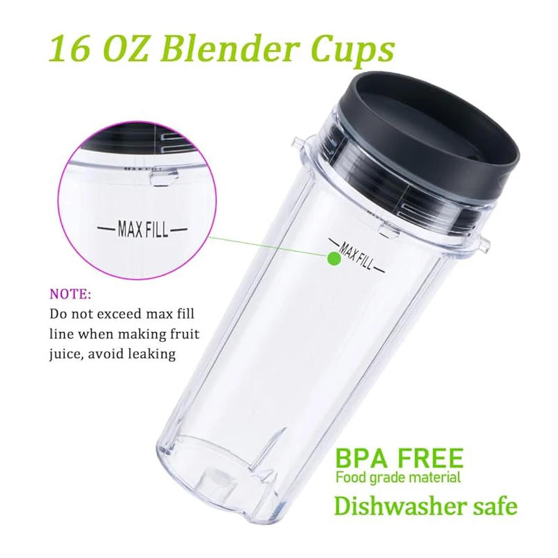 Description Picture 3 of item16 oz Blender Cup Set Replacement Parts Single Serve Blender Cup Set with Lid for BL770 BL780 BL660 BL740 BL810 Nutri Ninja Seri
