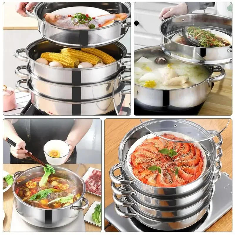 Description Picture 5 of itemPot Steamer Stainless Steel Steam Cooking Set steaming Soup Stockpot 4 Vegetable Tier Layer Steamers Pan Cooker Pots