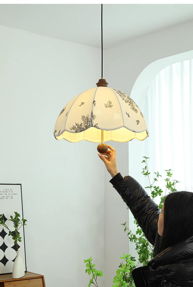 Description Picture 2 of itemFrench Medieval cream Patterned Fabric Pendant Light Solid Wood Restaurant Extendable Bar Counter Bedroom Study Chandeliers