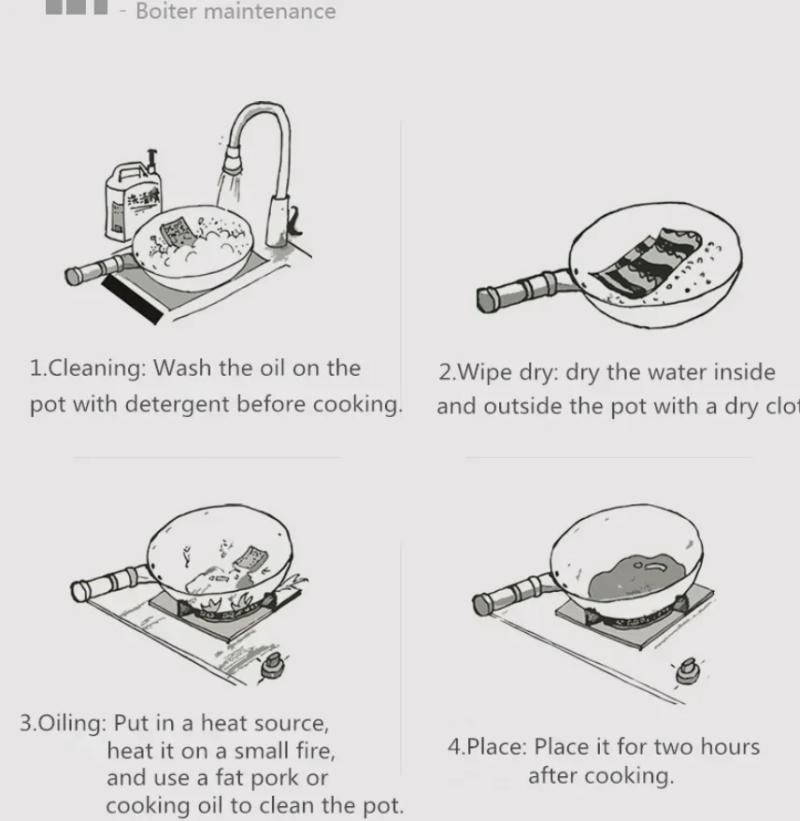 Description Picture 2 of item32CM Handmade Iron Pot Frying Pan Uncoated Health Wok Non-Stick Pan Gas Stove Induction Cooker Universal Wood Cover Iron Wok