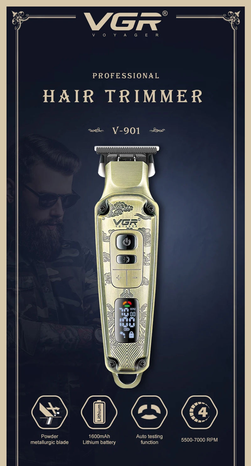 Description Picture 2 of itemVGR Vintage Hair Trimmer Professional Hair Clipper Electric Hair Cutting Machine LED Display 0mm Barber Trimmer for Men V-901