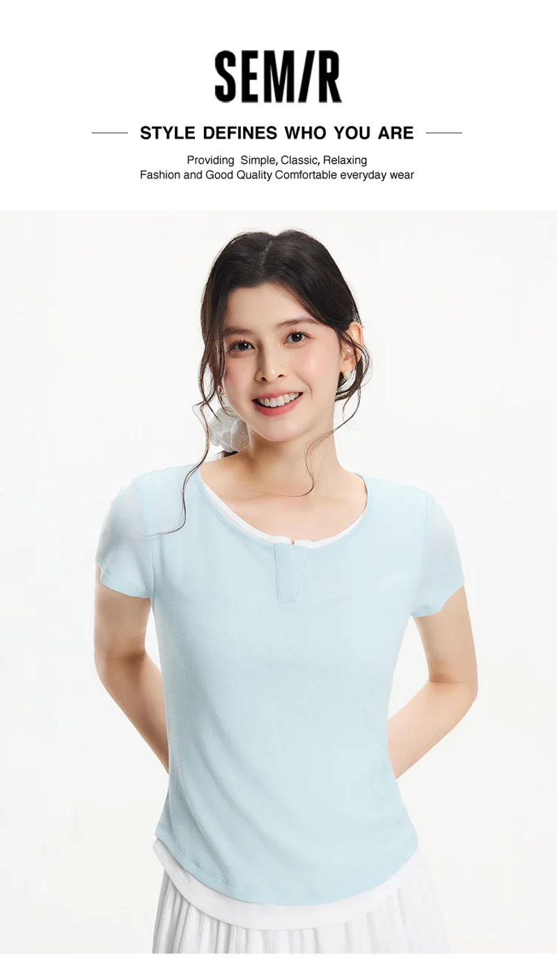 Description Picture 2 of itemSemir Short Sleeve T-Shirt Women Cropped Pullover Elegant Casual 2025 New Summer Fake Two-Piece Slim Fit Top Minimalist Daily