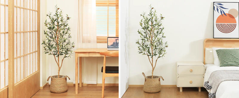 Description Picture 6 of itemArtificial Olive Tree Faux Silk Plant for Home Office Decor Indoor Fake Potted Tree with Natural Wood Trunk and Lifelike Fruits
