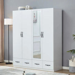 74.2" Mirror White Four Doors Freestanding Armoires Wardrobe Cabinet Closet with Hanging Rods Wood Wardrobe Clothes Storage