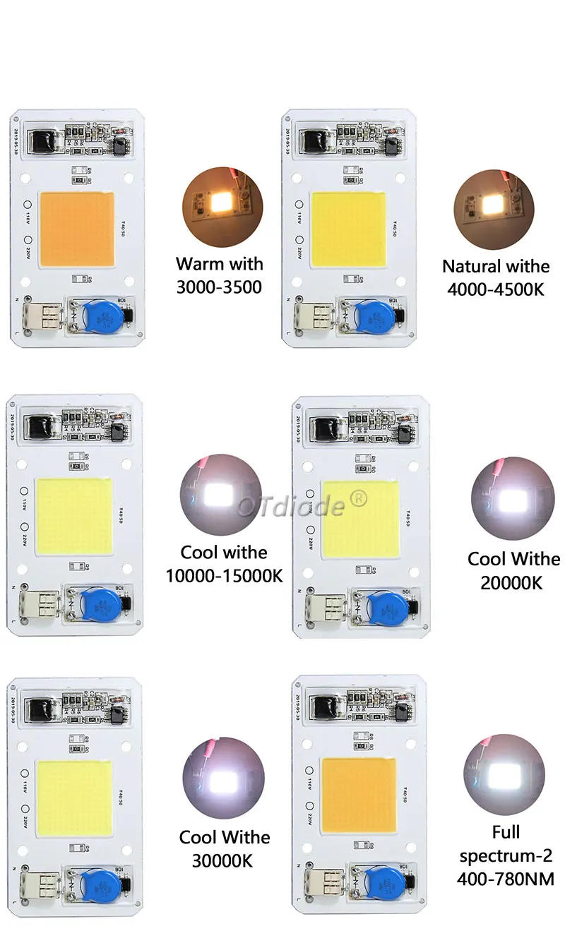Description Picture 6 of itemLED 50W COB Chip Bulbs AC 110V 220V Integrated Smart IC Driver Cool White Warm White Red Green Blue Yellow Pink Full Spectrum