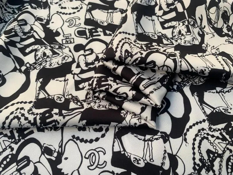 Description Picture 4 of itemSpring Summer Luxury Brand Black and White Pattern Digital Printing Polyester Stretch Satin Fabric DIY Sewing Skirt Material