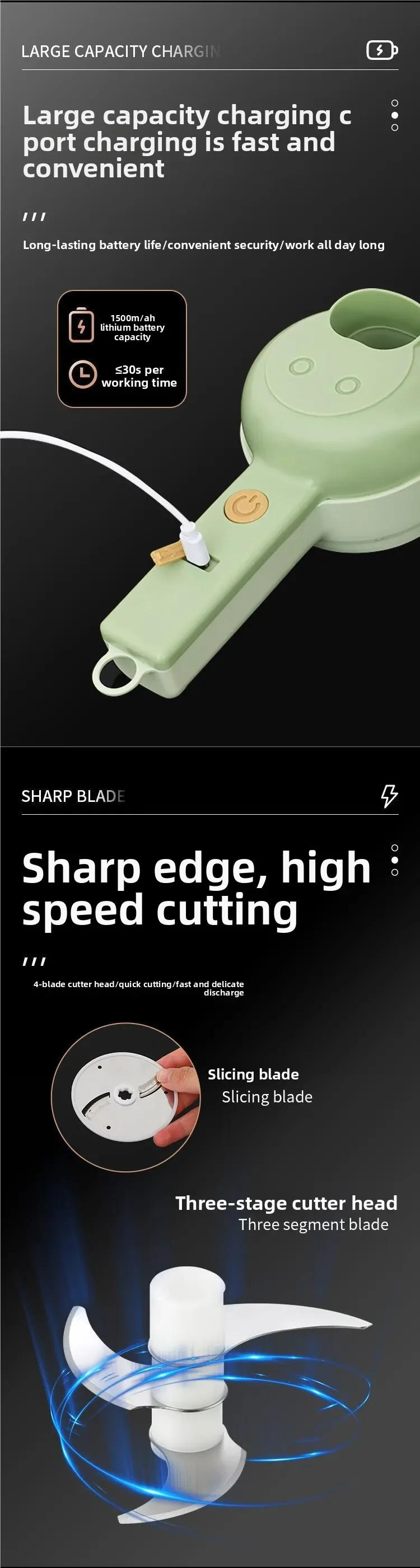 Description Picture 6 of itemElectric Vegetable Cutter Set Handheld Wireless Electric Garlic Masher Food Chopper Meat Grinder Machine Food Peel Slice 4In1