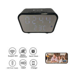 4K Alarm Clock Mini Camera Wireless Charger and Display Temperature Motion Detection Surveillance Loop Recording Remote Viewing