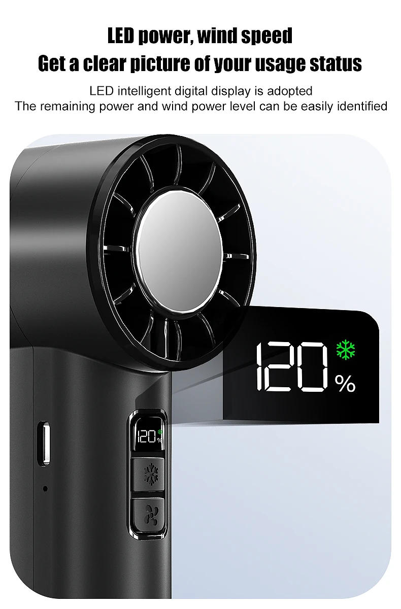 Description Picture 6 of item2025 New Portable Refrigeration Small Air conditioner 100 Wind High-speed Mini Handheld Fan USB Rechargeable Outdoor Turbo Fan