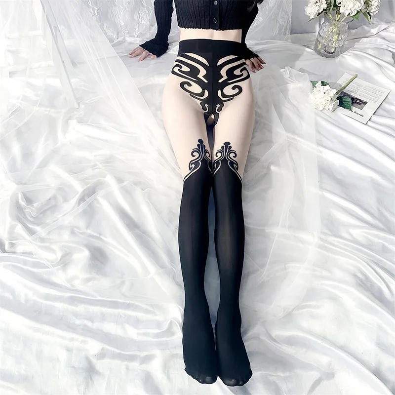 Description Picture 6 of itemSexy New Designs Totems High Quality Sexy Black Print Open Crotch Tights Pantyhose Crotchless Womens Sexy Stockings Plus Size