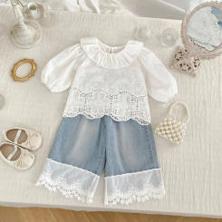 2025 Autumn Fashion Girls' Set New Women's Treasure Western Style Long Sleeve Shirt Lace Wide Leg Jeans Two Piece Set