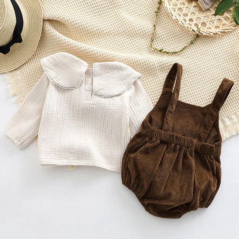 Description Picture 6 of itemInfant Baby Girls Clothes Suit Long Sleeved Cotton Embroidered Shirt+Corduroy Jumpsuit Spring Autumn Children Clothing Suit
