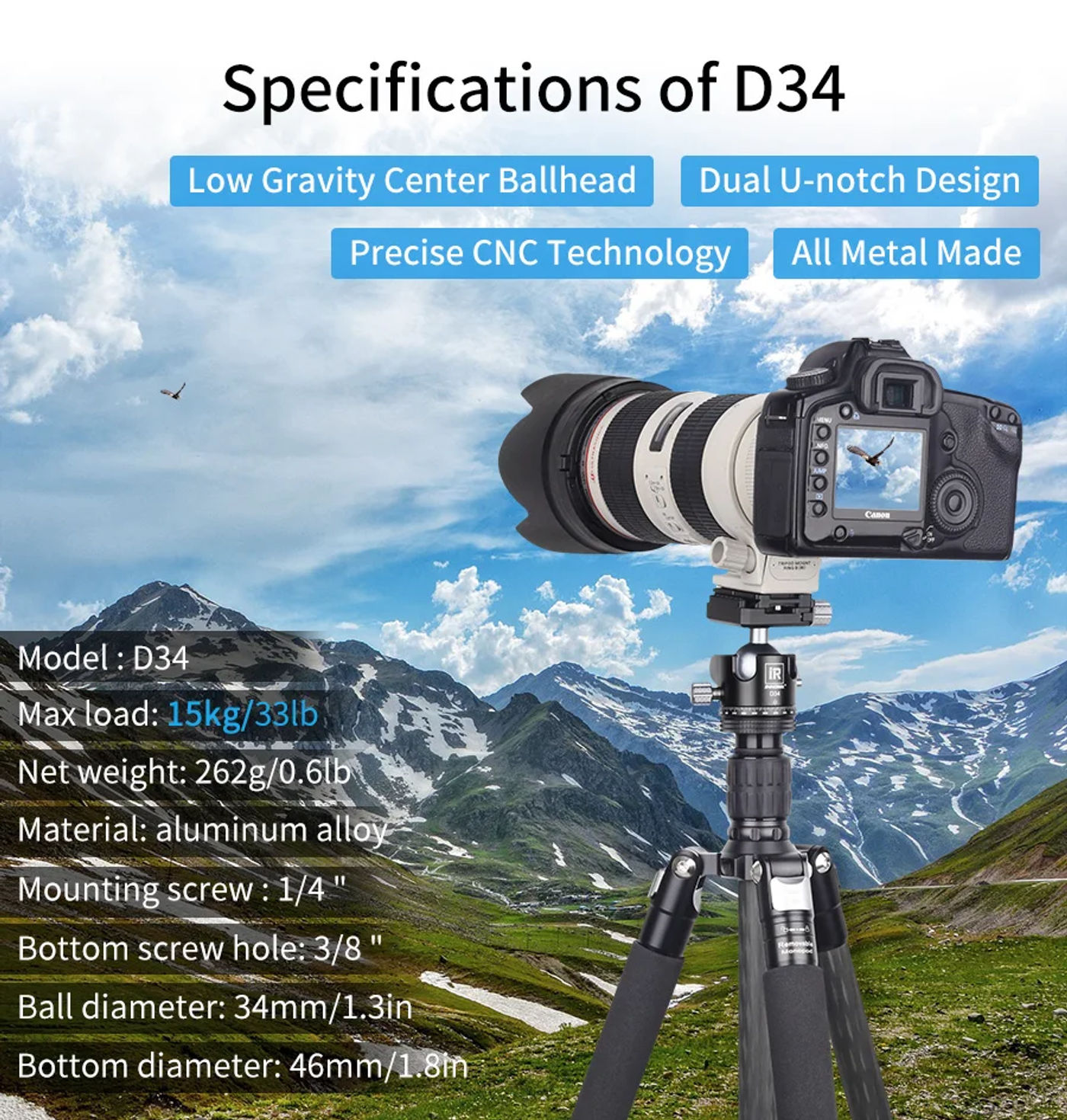 Description Picture 4 of item28/34mm Ball Head Dual U-notch Design Professional CNC 360°Panoramic Camera Tripod Head for Monopod,DSLR,Cameras,Camcorder,DV