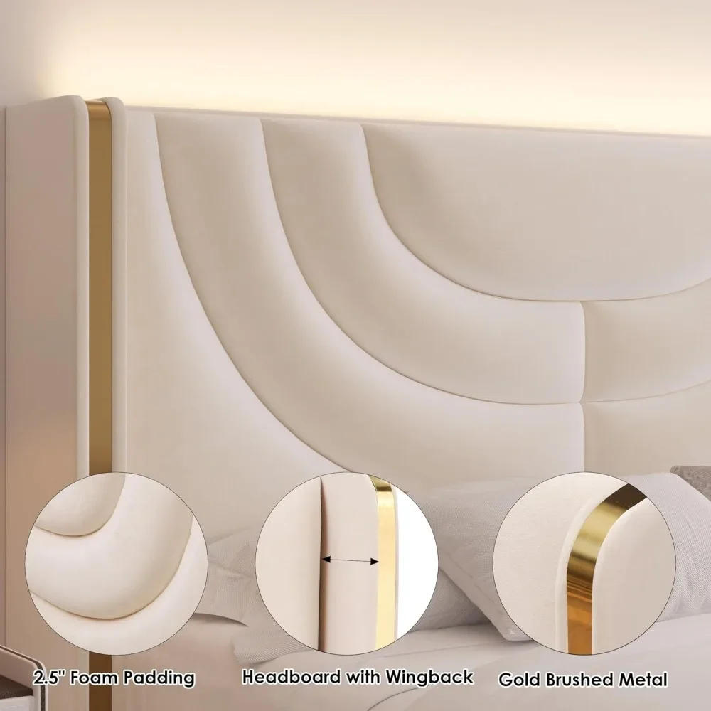 Description Picture 4 of itemQueen Upholstered LED Bed Frame with 2 Storage Drawers, Velvet Platform Bed with Wingback Headboard, Solid Wooden Slats Support