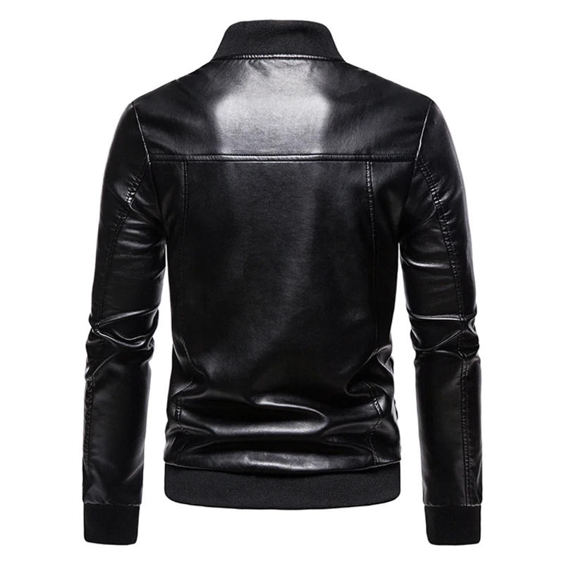 Description Picture 4 of itemPU Jacket Men's Motorcycle Stand Collar Slim Casual Men's Double Pocket Zipper Cardigan Men's Clothing  blouson cuir homme