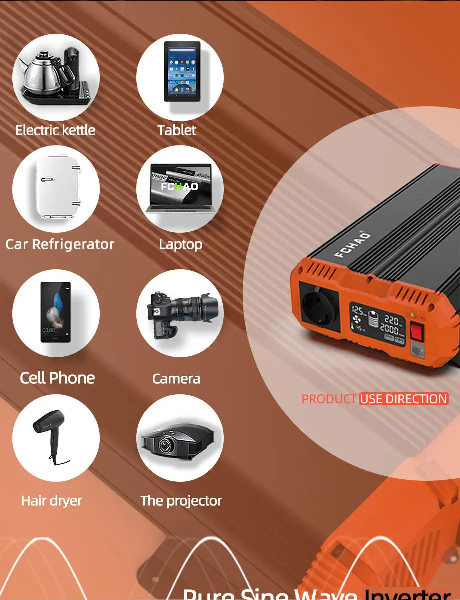 Description Picture 6 of itemFCHAO 3600W Solar Panel Inverter Pure Sine Wave 12V 24V To 220V Car Power Converter Supply Solar Power LCD Display For RV Truck