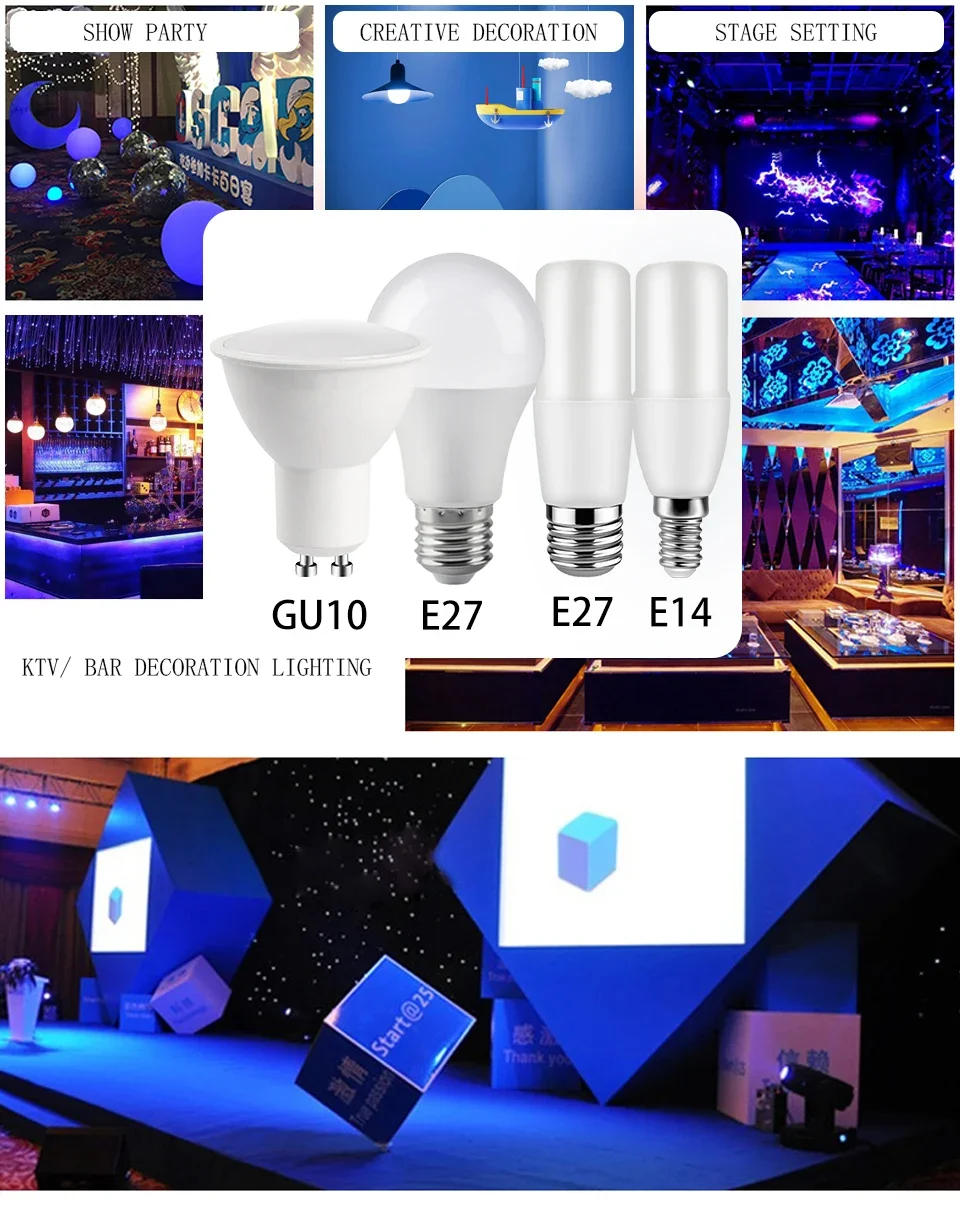 Description Picture 5 of item2PCS Colorful Lighting E27 E14 GU10 Led Spotlight Yellow Atmosphere blue light AC100-240V for festival celebration Bar Showcase