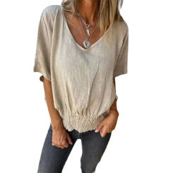 Women V Neck Loose Pullover Shirt Solid Color Comfortable Cotton Linen Pleated Hem Blouse Female Summer Casual Short Sleeve Tops