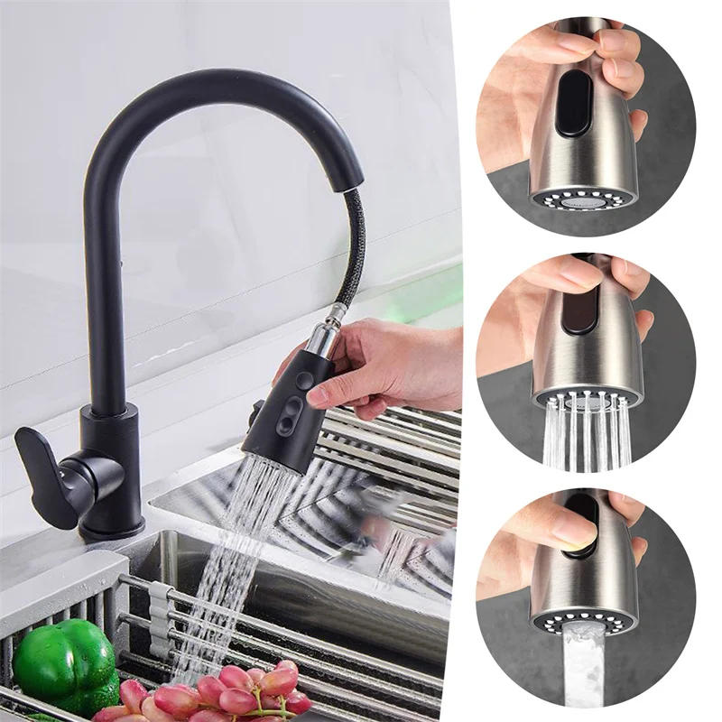 Description Picture 3 of itemKitchen Faucets 304 stainless steel Pull Out Kitchen Sink Water Tap Deck Mounted Mixer Stream Sprayer Head Hot Cold Taps