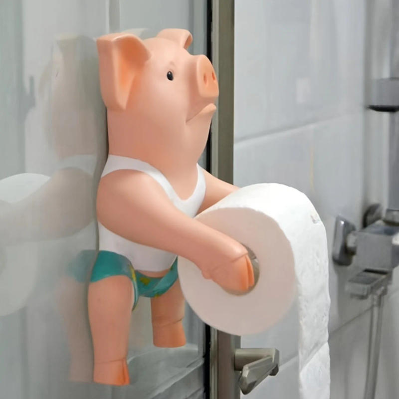 Description Picture 3 of item1pc Piggy Toilet Paper Holder, Cartoon Bathroom Tissue Roll Dispenser, Rustic Farmhouse Decor, Plastic Wall Mount/Free Standing