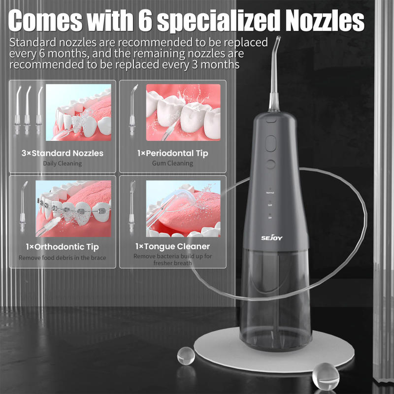 Description Picture 5 of itemSEJOY Oral Irrigator USB Rechargeable Water Flosser Portable Dental Water Jet 300ML Water Tank Waterproof 4 Model Teeth Cleaner