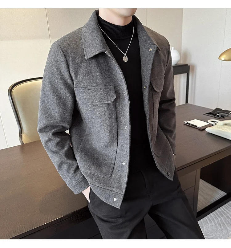 Description Picture 5 of itemAutumn/Winter Men Slim Fit Wool Classic Solid Color Jacket High Quality Business Casual Woolen Jackets Fleece British Style Coat