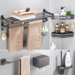 Bathroom Hardware Accessory Set Aluminum Towel Rack Ring Paper/Toilet Brush Holder Tissue Box Corner Shelf Nail Punched Gun Grey