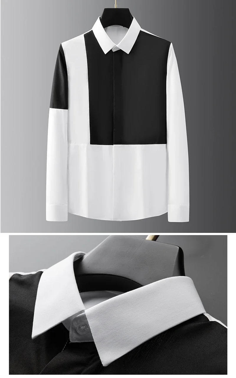 Description Picture 3 of itemBlack White Splicing Men's Shirts Luxury Long Sleeve Cotton Casual Mens Dress Shirts Simple Slim Fit Party Man Shirts 3XL