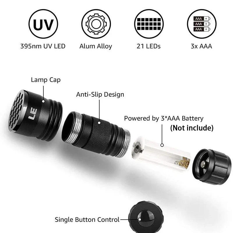 Description Picture 6 of item21 LED UV Ultraviolet Flashlight Blacklight 395NM Mini Torch Flash Lamp For Pet Urine Stains Portable Black Light Flashlights