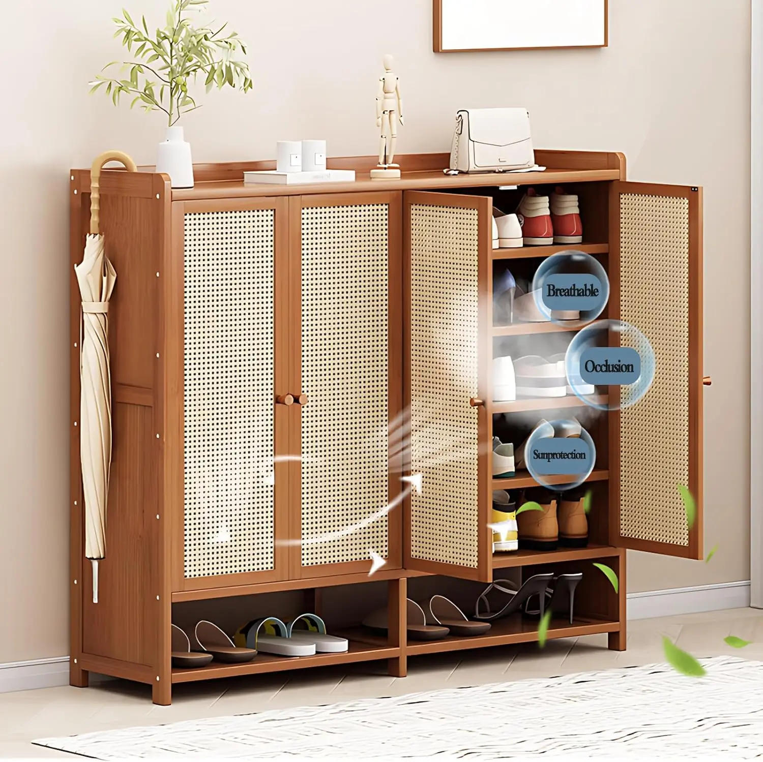 Description Picture 6 of item8-Tier Bamboo Shoe Cabinets with Door, 36-40 Pairs Freestanding Shoe Rack for Closet, Shoe Storage Cabinet for Entryway